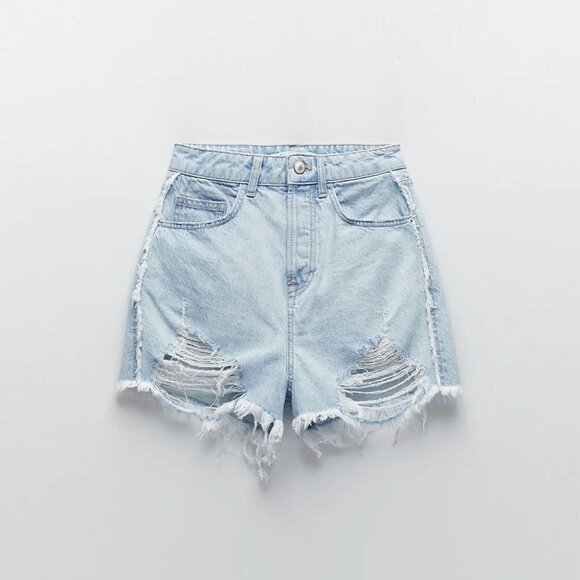 NWT Zara blue wash ripped high waist denim jean shorts - Picture 4 of 9